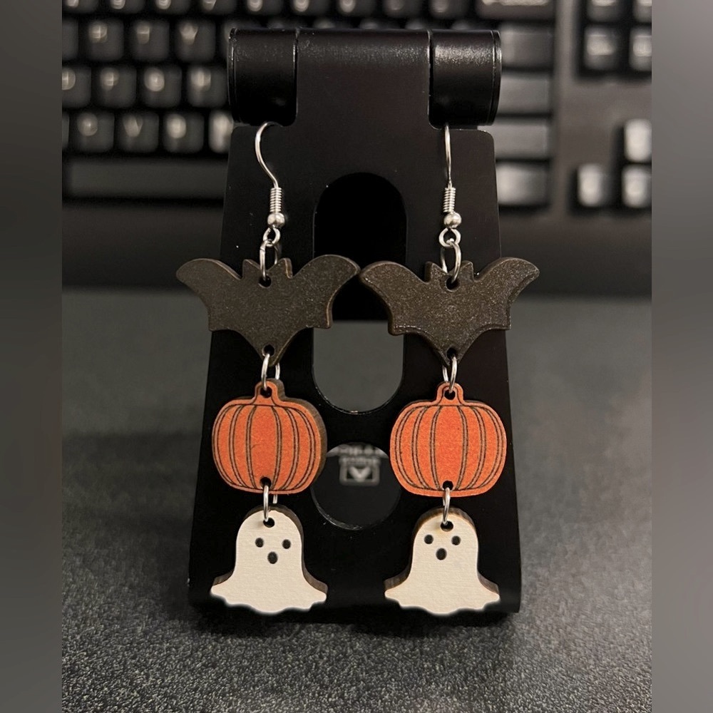 Halloween Wooden Bat, Ghost and Pumpkin Earrings 👻🎃🦇